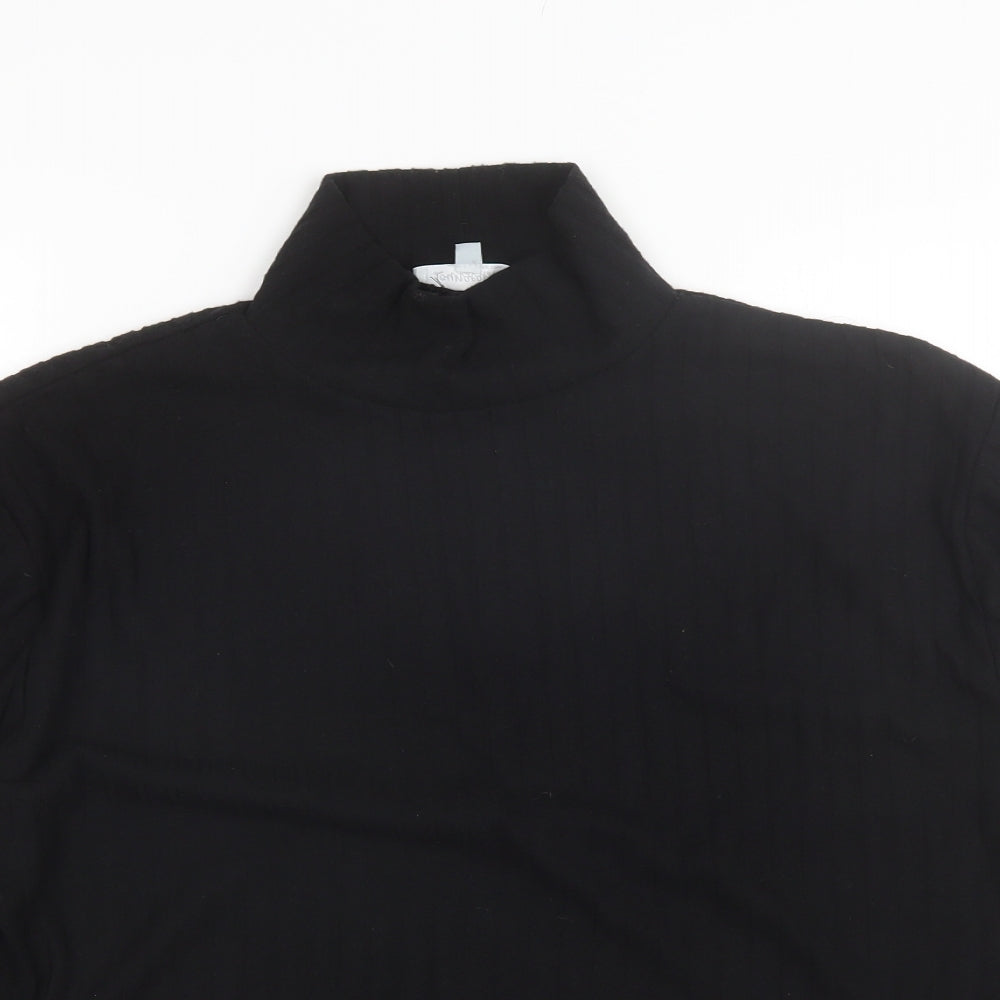 Close-up detail of Loungable women’s black mock neck polyester jumper, size UK 14