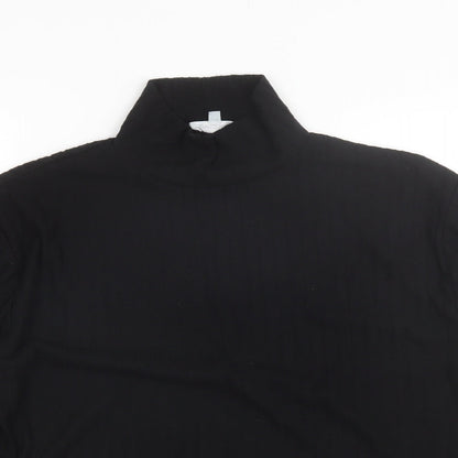 Close-up detail of Loungable women’s black mock neck polyester jumper, size UK 14