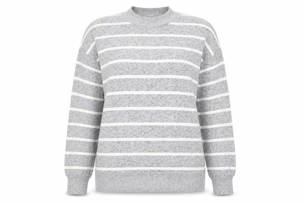 Front view of Marks & Spencer women’s grey round neck striped viscose jumper, size UK 12, - the lounge edit