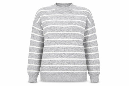 Front view of Marks & Spencer women’s grey round neck striped viscose jumper, size UK 12, - the lounge edit