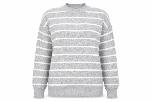 Front view of Marks & Spencer women’s grey round neck striped viscose jumper, size UK 12, - the lounge edit