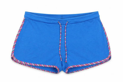 Front view of Xe women’s blue polyester boyfriend shorts, size XL, regular