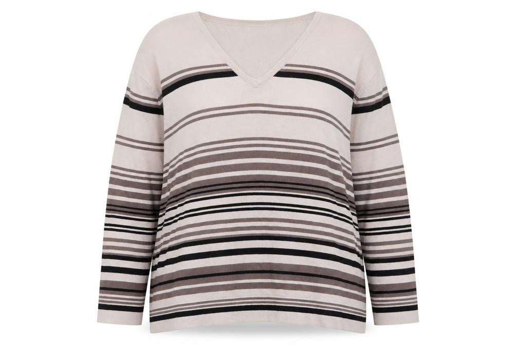 Front view of Viz-A-Viz women’s brown v-neck striped viscose jumper, size UK 16