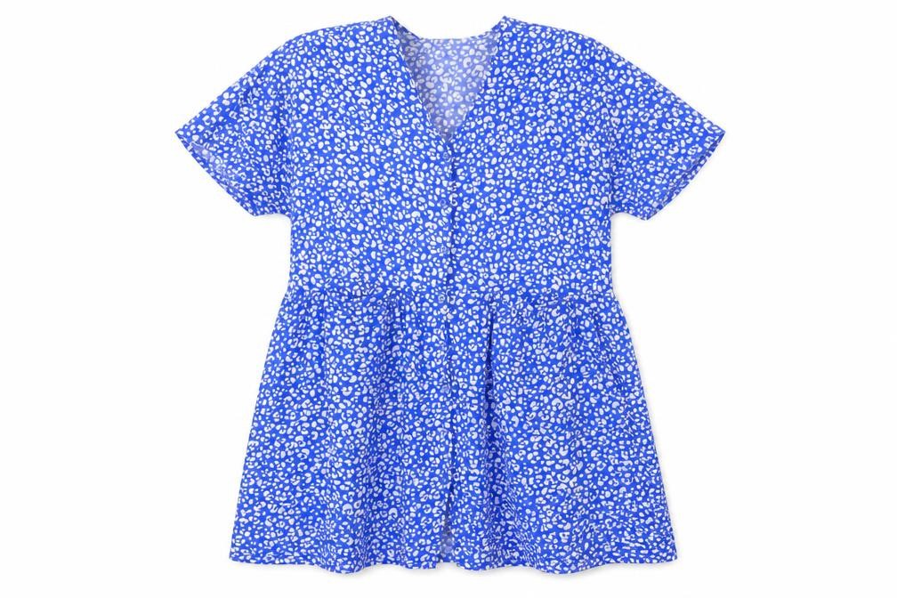 Front view of Monki women’s blue animal print viscose a-line, size M, round neck