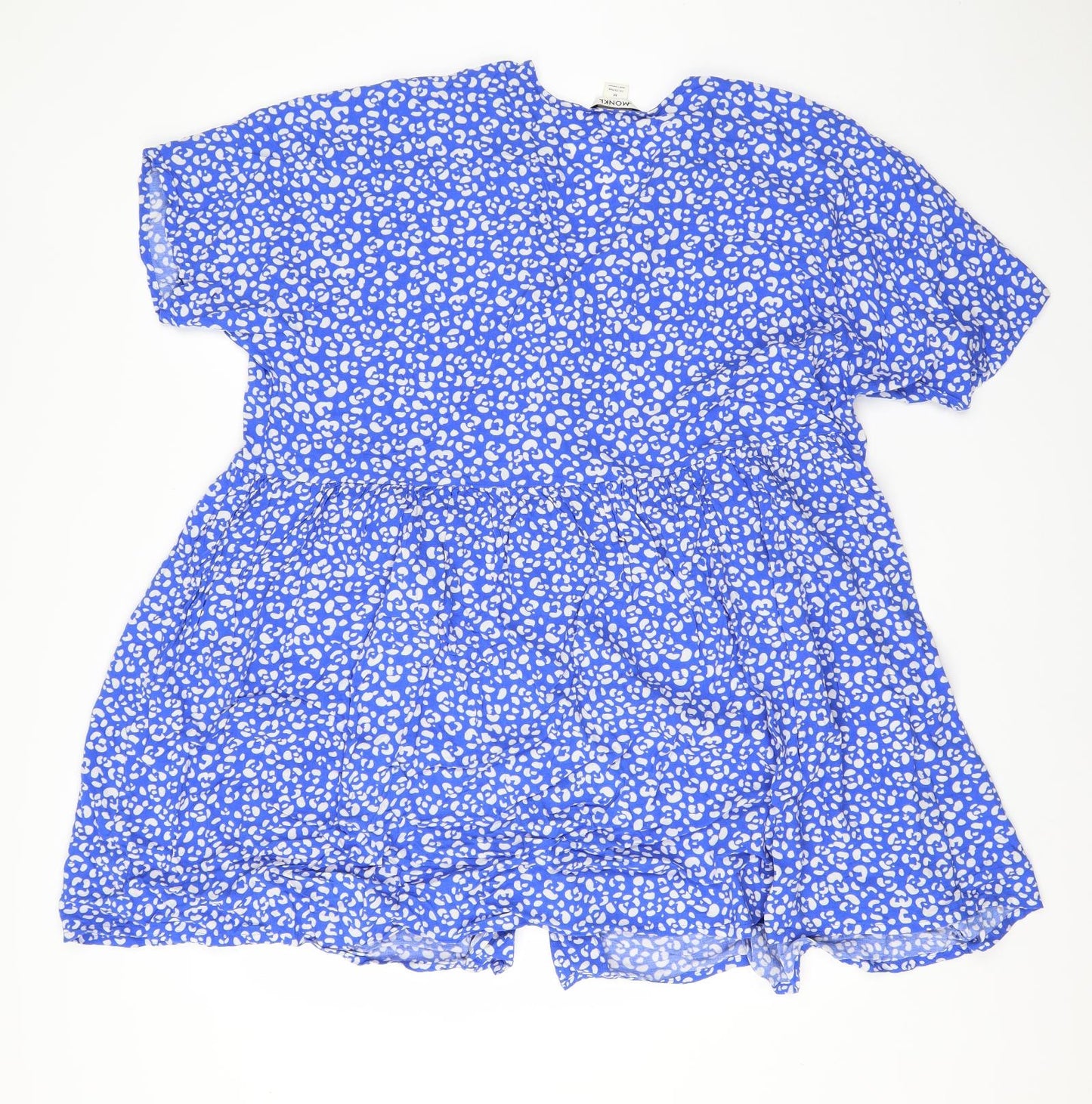 Monkl Womens Blue Animal Print Viscose A-Line  Size M  Round Neck