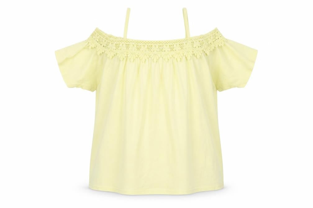 Front view of River Island girls’ yellow cotton basic blouse, size 9-10, years boat neck