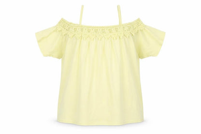 Front view of River Island girls’ yellow cotton basic blouse, size 9-10, years boat neck