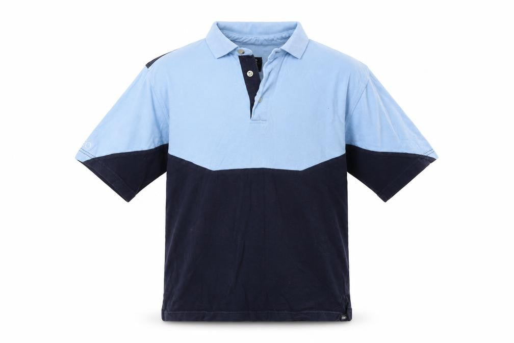 Front view of ONE BY ONE men’s blue colourblock cotton polo, size M, collared