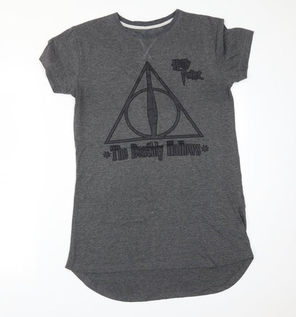 Additional front view of Primark women’s grey solid polyester pyjama top, size S, - the deathly hallows