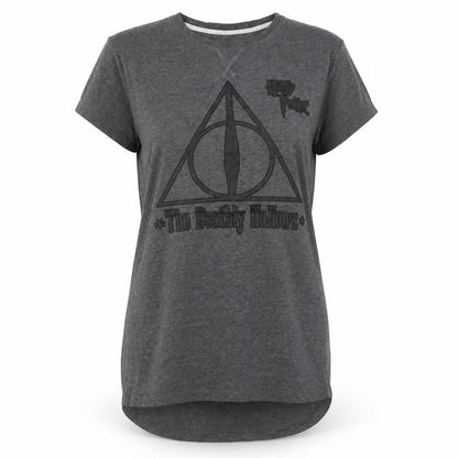 Front view of Primark women’s grey solid polyester pyjama top, size S, - the deathly hallows