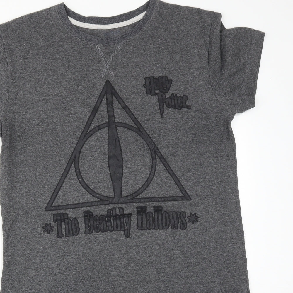 Close-up detail of Primark women’s grey solid polyester pyjama top, size S, - the deathly hallows