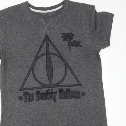 Close-up detail of Primark women’s grey solid polyester pyjama top, size S, - the deathly hallows