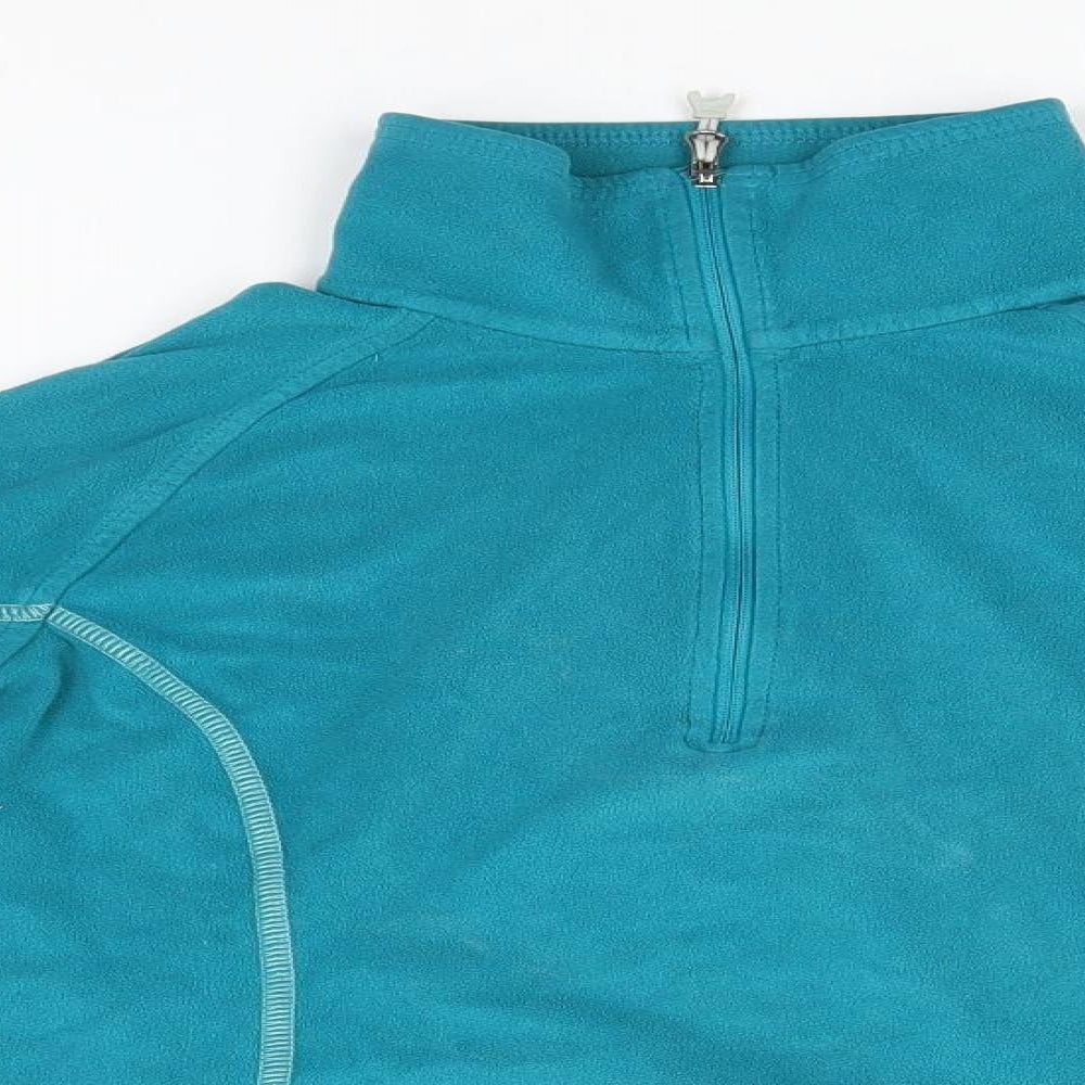 Close-up detail of Mountain Hardwear women’s blue crew neck polyester jumper, size S