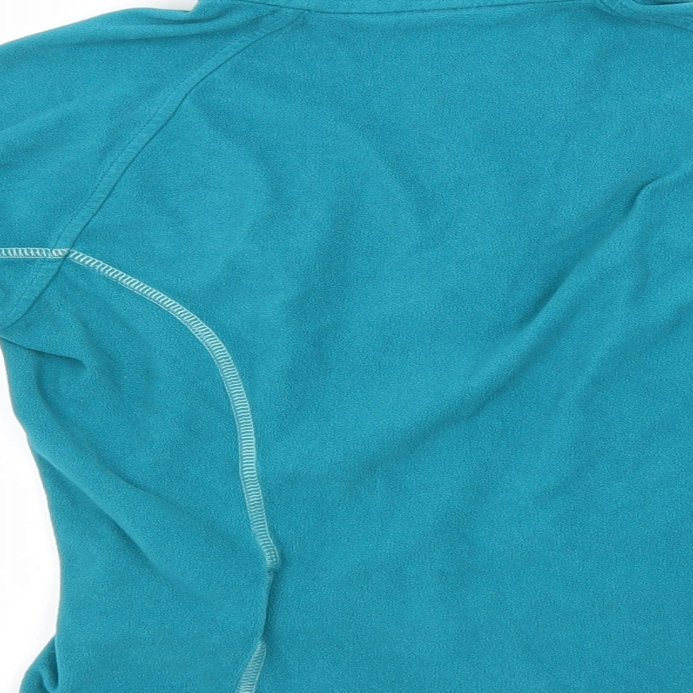 Brand and care label for Mountain Hardwear women’s blue crew neck polyester jumper, size S