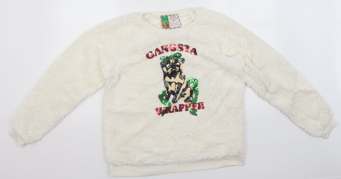 Preworn Mens White Round Neck  Cotton Pullover Jumper Size L   - Gangsta Wrapper, Christmas