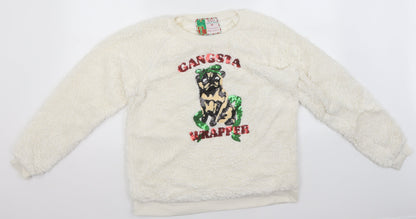 Preworn Mens White Round Neck  Cotton Pullover Jumper Size L   - Gangsta Wrapper, Christmas