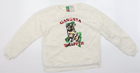 Preworn Mens White Round Neck  Cotton Pullover Jumper Size L   - Gangsta Wrapper, Christmas