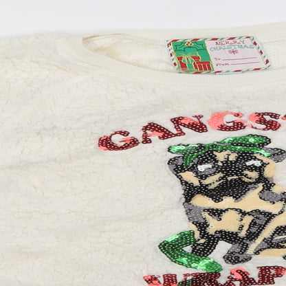 Preworn Mens White Round Neck  Cotton Pullover Jumper Size L   - Gangsta Wrapper, Christmas