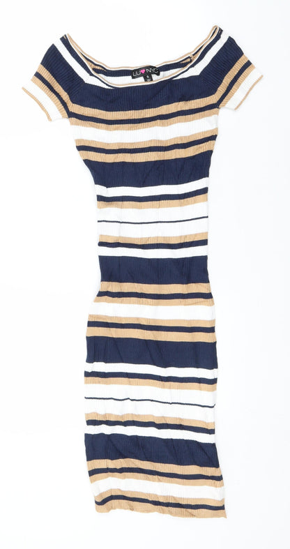 Preworn Womens Blue Striped Viscose Pencil Dress  Size S  Round Neck