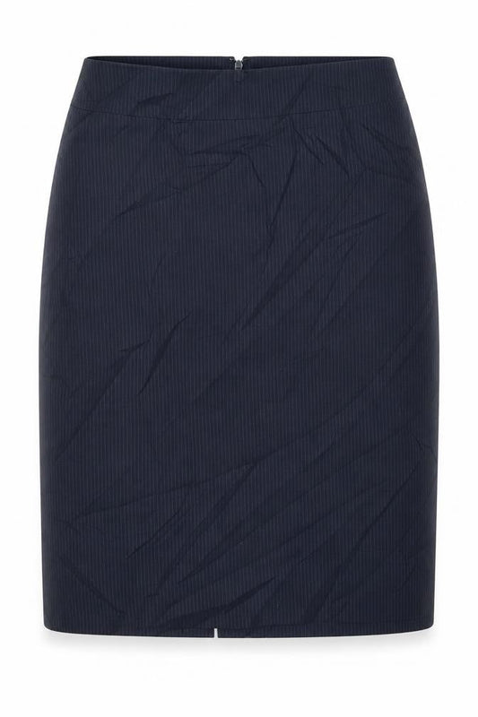 Front view of Uniqlo women’s blue striped polyester straight & pencil skirt, size UK 25, in