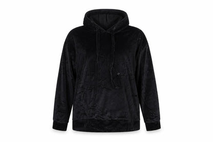 Front view of women’s black cotton pullover hoodie, size 2XL