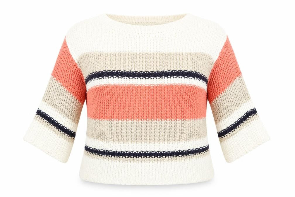 Front view of Dorothy Perkins women’s pink round neck striped acrylic jumper, size UK 16