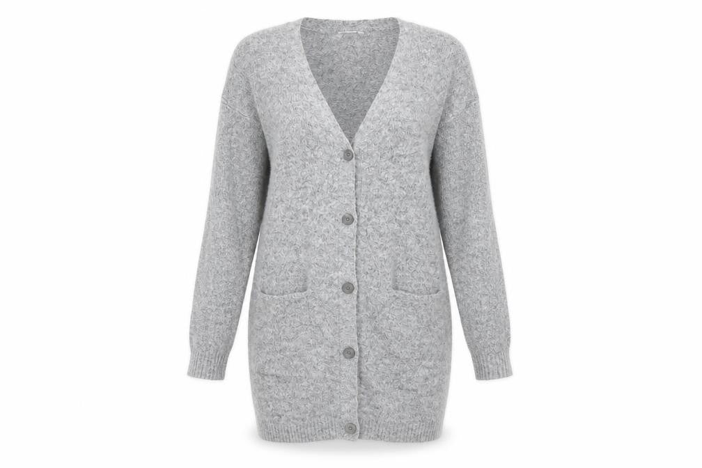 Front view of Preworn women’s grey round neck acrylic cardigan jumper, size S