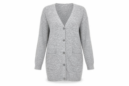 Front view of Preworn women’s grey round neck acrylic cardigan jumper, size S