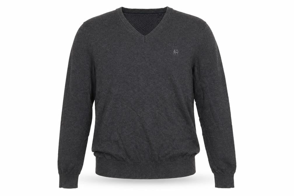 Front view of LERROS men’s grey v-neck cotton jumper, size S, - charcoal grey