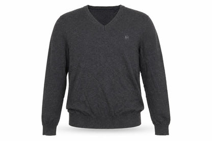 Front view of LERROS men’s grey v-neck cotton jumper, size S, - charcoal grey