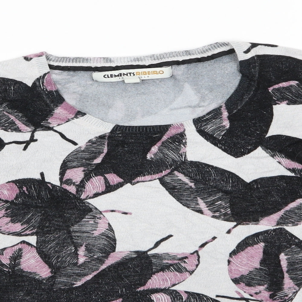 Clements Ribeiro Womens Grey Round Neck Floral Viscose Pullover Jumper Size M   - Black & pink leaf pattern