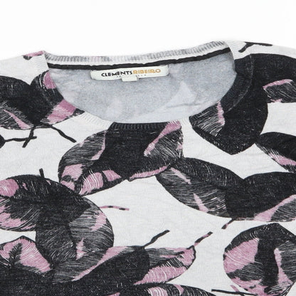 Clements Ribeiro Womens Grey Round Neck Floral Viscose Pullover Jumper Size M   - Black & pink leaf pattern