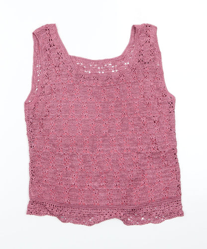 Preworn Womens Pink Round Neck   Pullover Jumper    - Dusty Pink Crochet Style with under cami