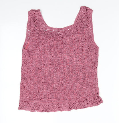Preworn Womens Pink Round Neck   Pullover Jumper    - Dusty Pink Crochet Style with under cami