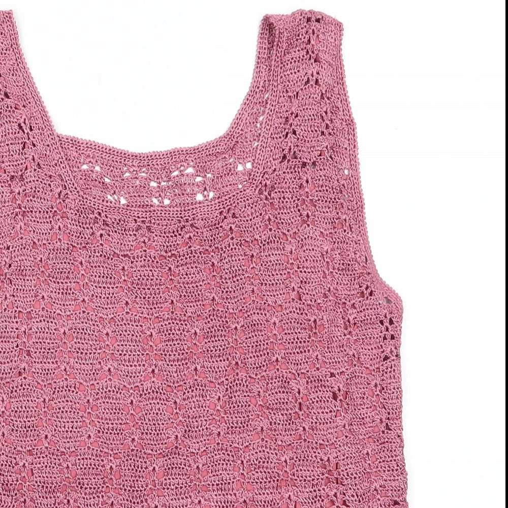 Preworn Womens Pink Round Neck   Pullover Jumper    - Dusty Pink Crochet Style with under cami