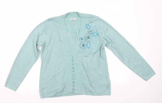 Damart Womens Blue V-Neck Floral Acrylic Cardigan Jumper Size 14   - 3D Flowers