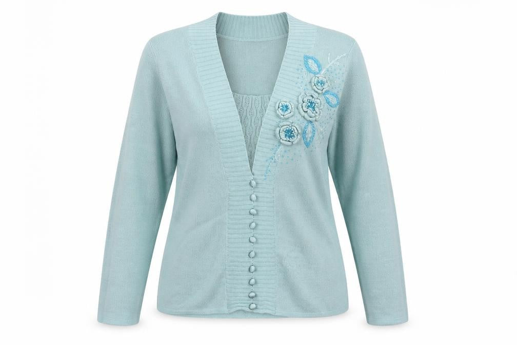 Front view of Damart women’s blue v-neck floral acrylic cardigan jumper, size UK 14, - 3d flowers