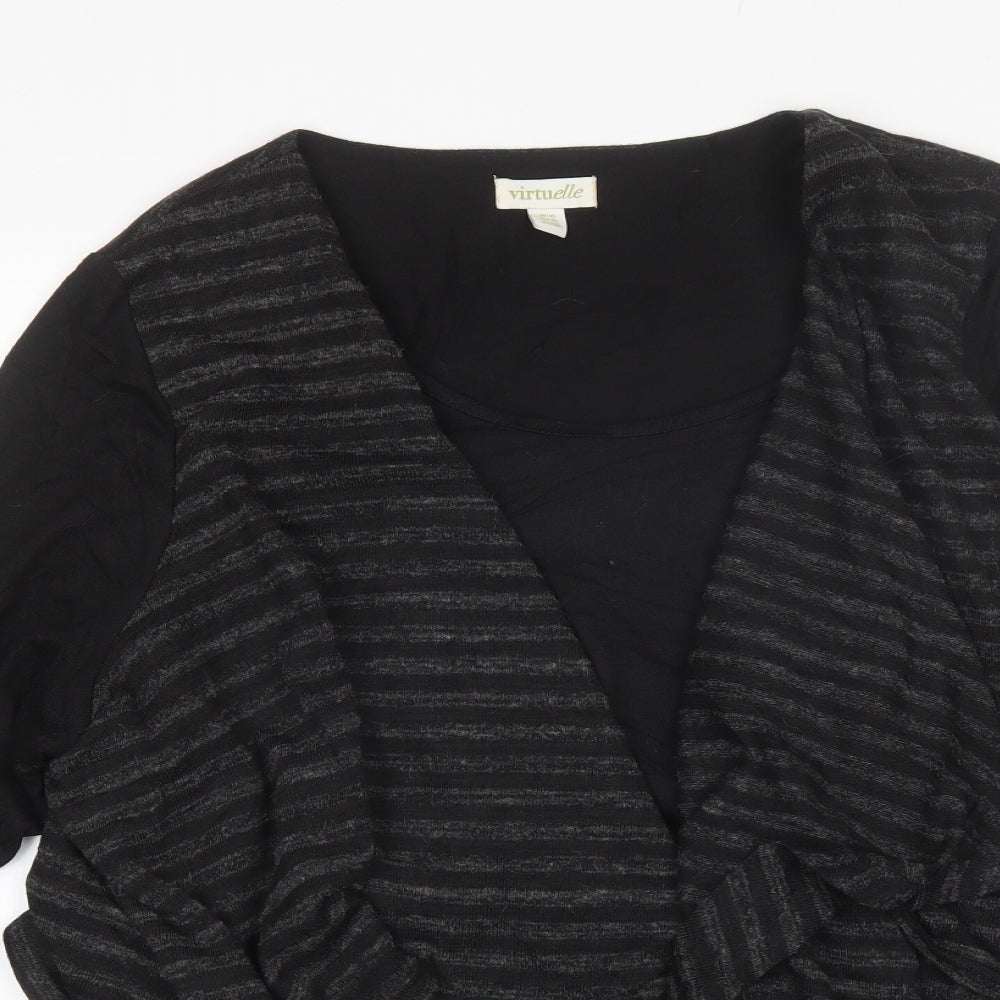 Close-up detail of Virtuelle women’s black v-neck striped polyester jumper, size XL