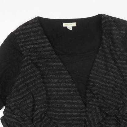 Close-up detail of Virtuelle women’s black v-neck striped polyester jumper, size XL
