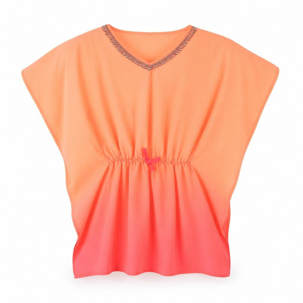 Front view of Primark girls’ orange polyester tunic blouse, size 8-9, years v-neck - embellished collar