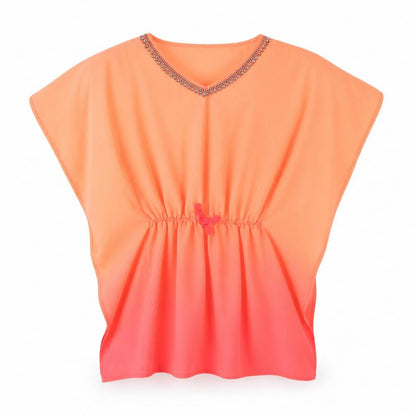 Front view of Primark girls’ orange polyester tunic blouse, size 8-9, years v-neck - embellished collar