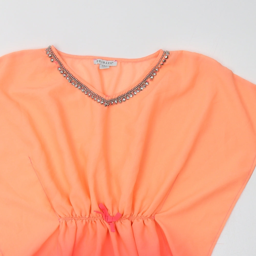 Primark Girls Orange  Polyester Tunic Blouse Size 8-9 Years V-Neck  - Embellished Collar
