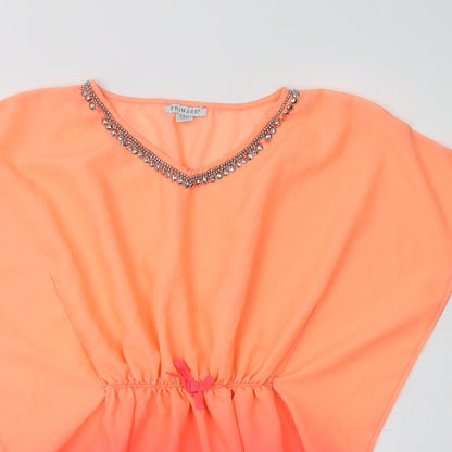 Primark Girls Orange  Polyester Tunic Blouse Size 8-9 Years V-Neck  - Embellished Collar