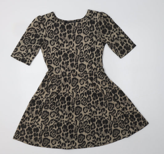 Primark Womens Beige Animal Print Acrylic Fit & Flare  Size 10  Round Neck