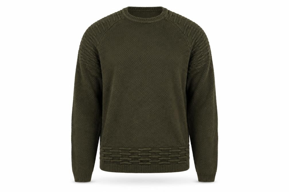 Front view of Pep&Co men’s green round neck acrylic jumper, size M
