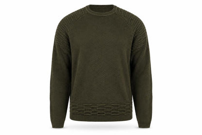 Front view of Pep&Co men’s green round neck acrylic jumper, size M