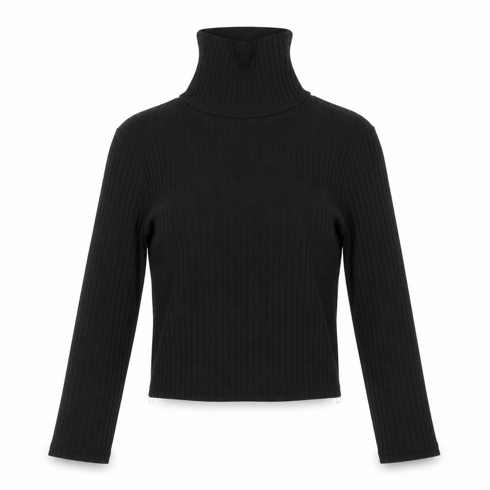 Front view of PRETTYLITTLETHING women’s black polyester cropped t-shirt, size UK 6, roll neck