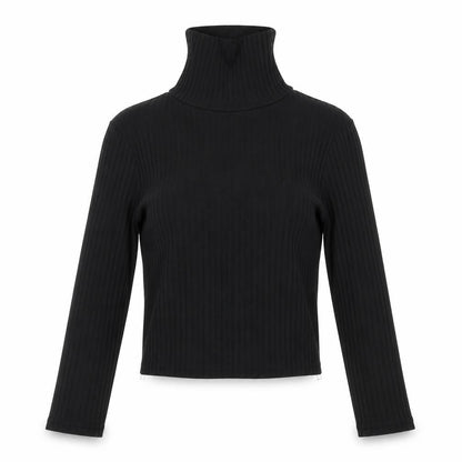 Front view of PRETTYLITTLETHING women’s black polyester cropped t-shirt, size UK 6, roll neck