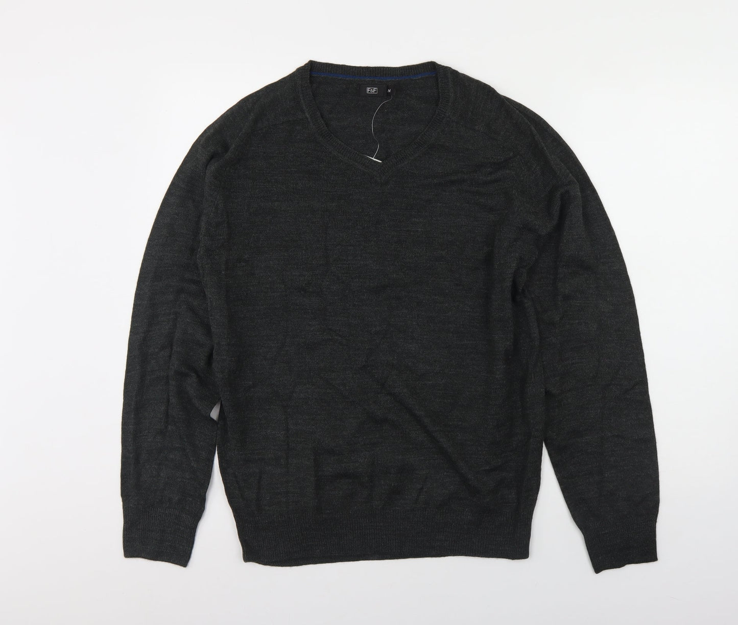 F&F Mens Grey V-Neck  Acrylic Pullover Jumper Size M