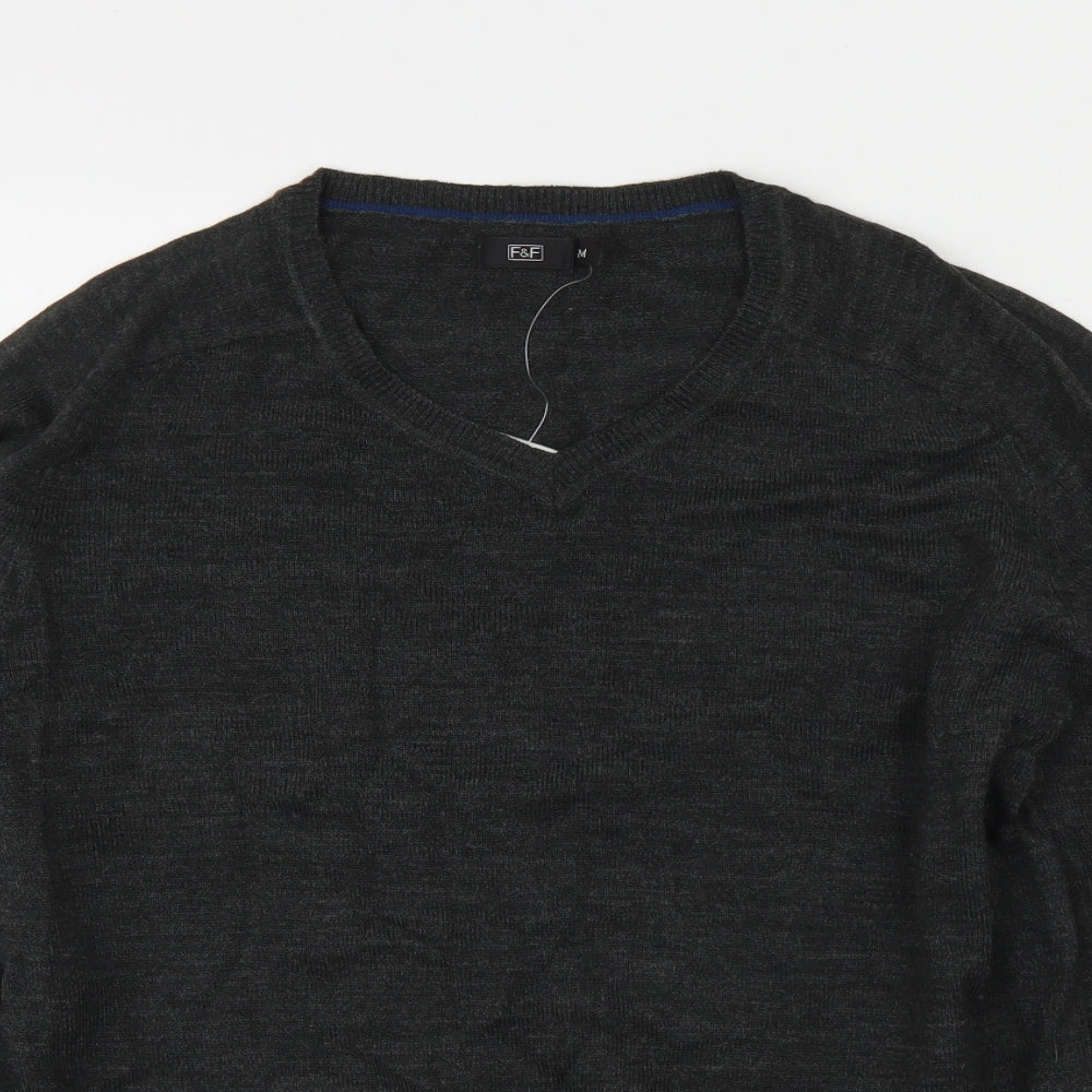 F&F Mens Grey V-Neck  Acrylic Pullover Jumper Size M